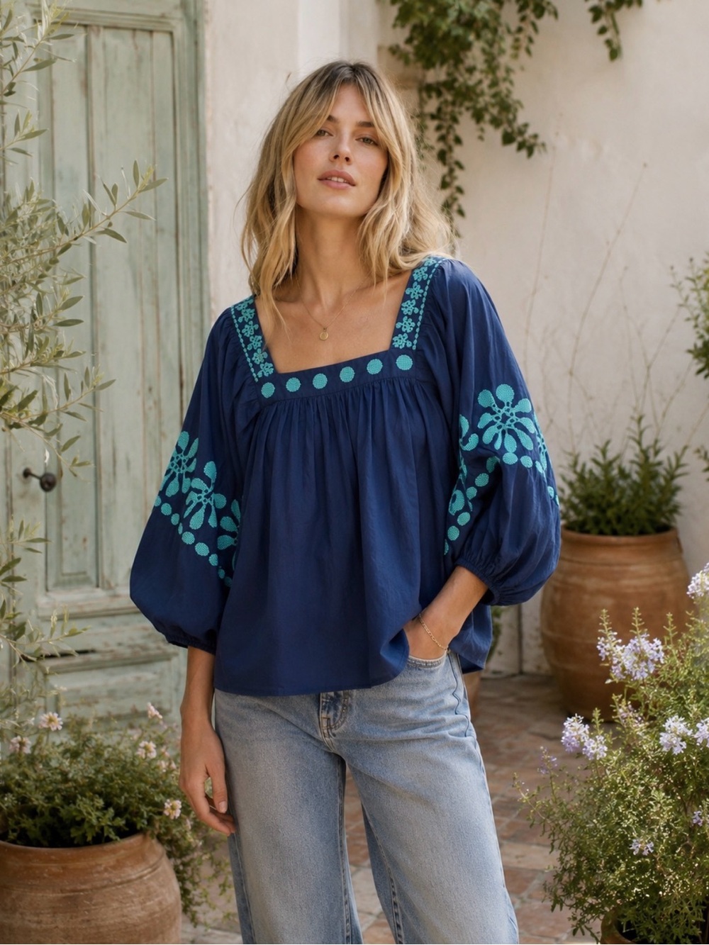 Navy Blouse with Turquoise Embroidery